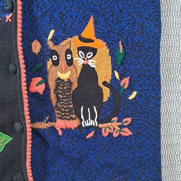 Vtg Terazzo Halloween Ugly Button Sweater Cardigan Owl Cat Ghost  Granny Core - Picture 8 of 9
